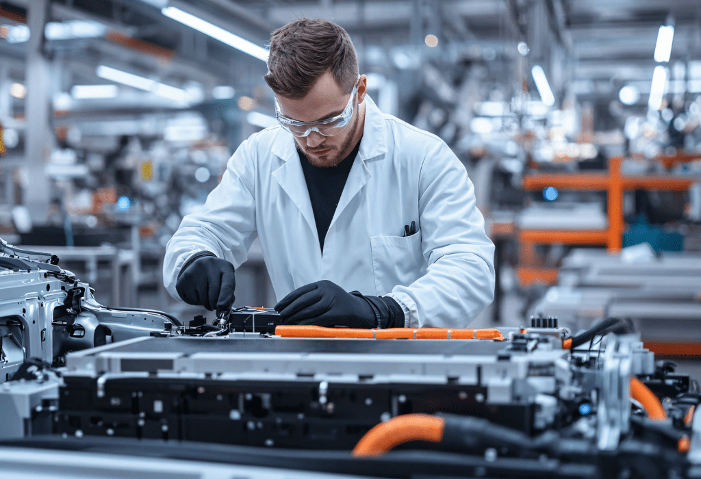 man working on machine on assembly line