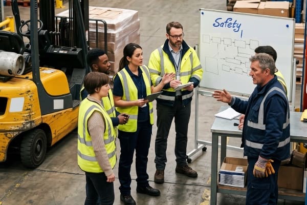 safety meeting in warehouse